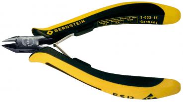 The image shows a precise pair of pliers with black, pointed cutting edges and ergonomic, yellow handles. The pliers are sturdy and specifically designed for delicate tasks.