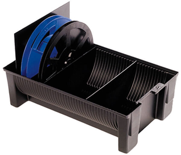 The image shows a black box with two compartments. In one compartment, there is a large blue spool with a black edge. The box has side handles and is sturdily designed.