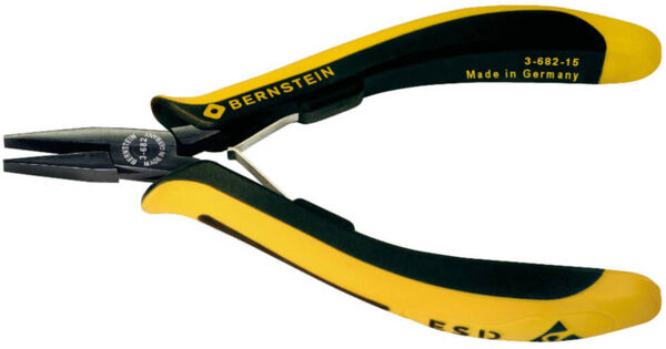 The image displays a combination of pliers. The handles are black with yellow rubber applications for better grip. The plier features a pointed, narrow nose and is designed for precise tasks.