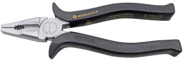 The image shows a pair of pliers with metallic gripping surfaces and black, ribbed handles. On the handles, the inscription "BERNSTEIN" and a warning about conductivity are visible.