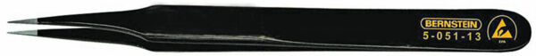 The image shows a long, narrow tweezer made of black material. It has pointed tips and a metal surface. On the side, a yellow logo and a model number are visible.