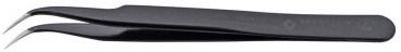 The image shows a black tweezer with two fine, slightly curved tips. It has a smooth surface and appears sturdy for precise gripping of small objects.