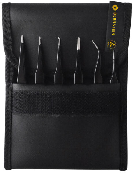 The image shows a black case with a flip-top lid, containing six different metal tweezers neatly arranged side by side. The case features a strap fastener.