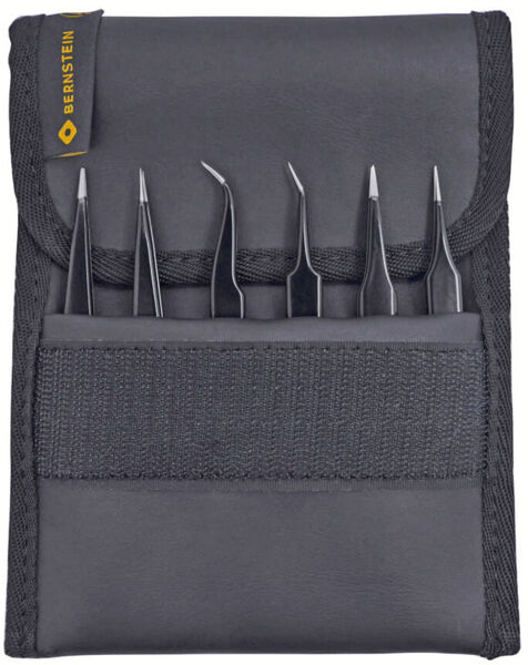 The image shows a black bag with seven different tweezers arranged in a sequence. The bag has a Velcro closure and a yellow brand patch.