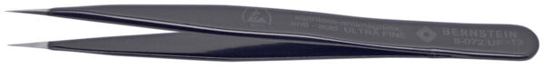 The image displays a straight, sharply pointed tweezer made of black material. It has a smooth surface and lies flat, with a slight bend towards the tip.