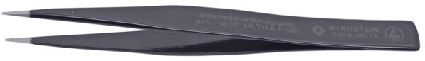 The image shows a sharp, black tweezer made of stainless steel. It has a slender shape and a slightly non-slip surface, ideal for delicate tasks or precise gripping.