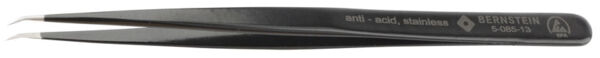 The image shows a narrow, black tweezer made of stainless steel. It features two pointed tips and a slightly curved handle. The surface is smooth.