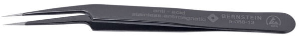 The image shows a black, pointed tweezer made of stainless, antimagnetic steel. It has two fine gripping surfaces and a smooth finish.