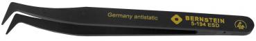 The image shows a black antistatic tweezer. It has two long, narrow ends that are slightly curved. On the handle are golden letterings and a small drawing.