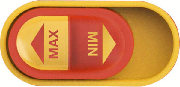 The image shows an oval switch in yellow with two marked positions: "MAX" in red on the left and "MIN" in red on the right. An arrow points up for "MAX" and down for "MIN".