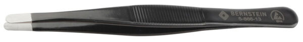 The image shows a black tweezer. It has a narrow, elongated shape with slightly ridged handles for better grip and pointed tips for precise gripping.