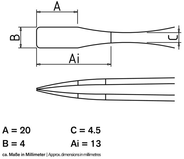 The image shows a technical drawing of an object with various dimensions. Details for dimensions A, B, C, and Ai are provided, each in millimeters.