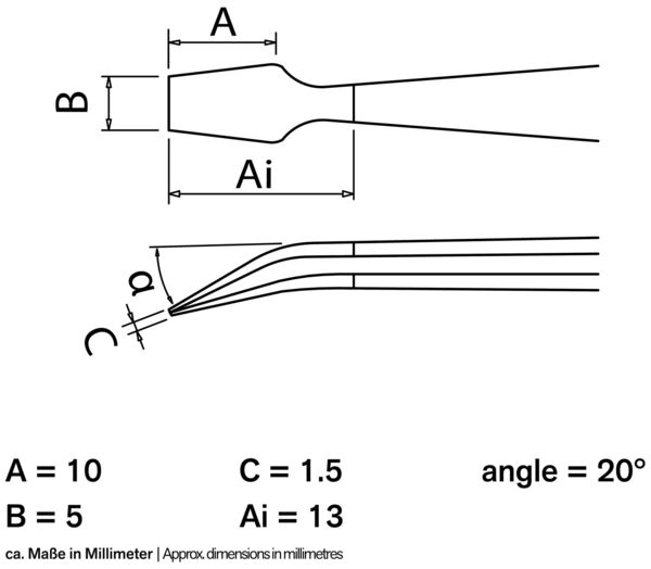 The image displays technical drawings with dimensions for an object. It includes two views: a top view and a side view. Dimensions are given in millimeters.