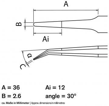 The image shows a technical drawing with dimensions and an angle. There are two perspective views of an object that is narrow and shaped at the tips, with specified dimensions in millimeters.