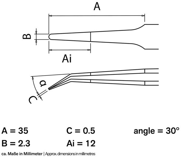 The image displays technical drawings of a tool with various dimensions: A = 35 mm, B = 2.3 mm, and an angle of 30°. Lines and dimensions are clearly depicted.