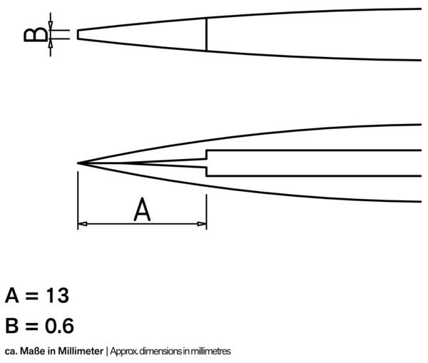 The image displays technical drawings with two different dimensions. At the top is a pointed element with a width of B = 0.6 mm, and at the bottom a view with a length of A = 13 mm.