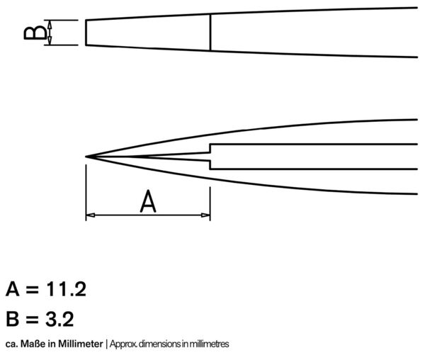 The image displays a technical drawing of an object with two marked lengths: A is 11.2 mm and B is 3.2 mm. A lateral and a perspective view are shown.