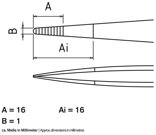 The image displays a technical drawing of an object with various dimensions. At the top, there are two vertical lines and horizontally dimensioned segments. Dimensions: A = 16 mm, Ai = 16 mm, B = 1 mm.