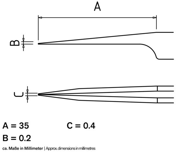 The image displays technical drawings with three dimensions: A (35 mm), B (0.2 mm), and C (0.4 mm). Two schematic lines are shown, each with differently shaped ends.