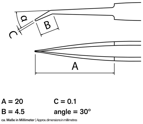 The image displays a technical drawing of a pair of tweezers. Dimensions are provided: A = 20 mm, B = 4.5 mm, C = 0.1 mm, and a 30° angle. The measurements are labeled and there is a note indicating millimeters.