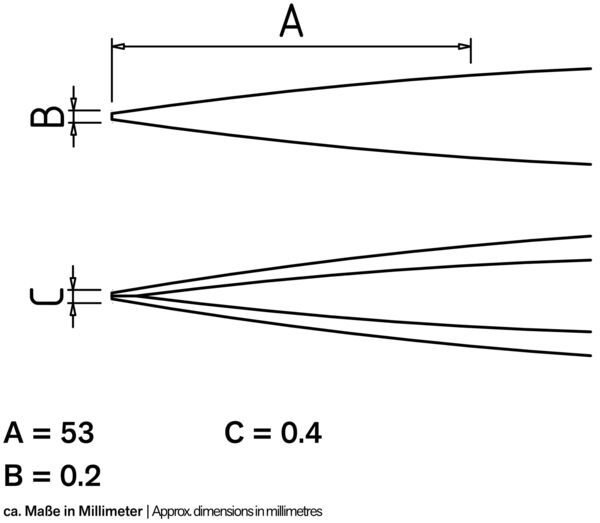 Das Bild zeigt technische Zeichnungen mit drei Liniengruppen. Oben ist eine breite Linie (A=53 mm), darunter eine schmale Linie (B=0,2 mm) und ganz unten eine dünne Linie (C=0,4 mm).