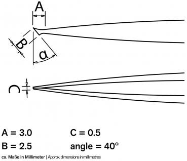 Das Bild zeigt technische Zeichnungen mit Linien und Maßen. Oben sind Buchstaben A, B und einem Winkel a abgebildet. Unten stehen Maße: A=3.0mm, B=2.5mm, C=0.5mm, Winkel=40°.