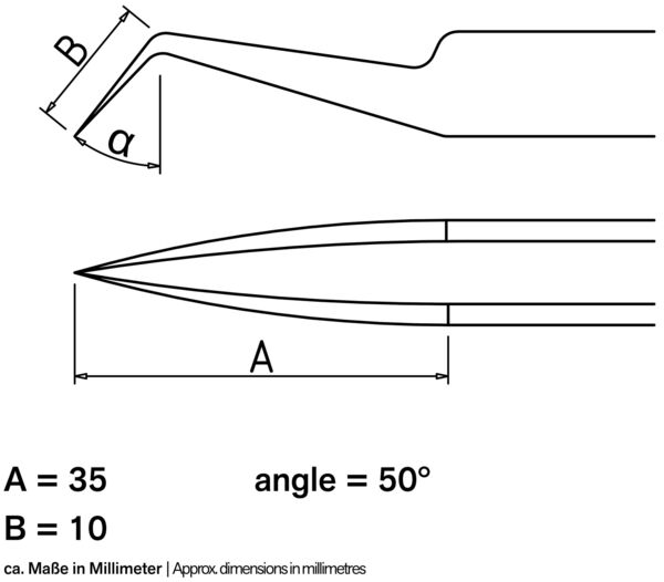 The image displays a technical sketch of a tool with sections. The given dimensions are length A (35 mm) and length B (10 mm), and an angle of 50°. Measurements are provided in millimeters.