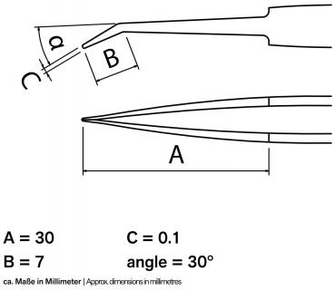 The image shows a technical drawing of pliers with dimensions. A is 30 mm long, B is 7 mm wide, C is 0.1 mm, and the angle is 30 degrees.