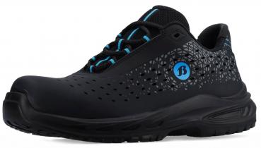 The shoe is black with blue accents. It has a modern design with perforated patterns on the side and a flexible, non-slip sole. The laces are also blue.