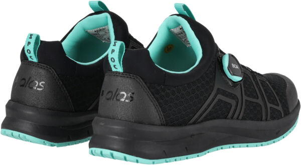 The image shows a pair of sporty shoes in black with mint green accents. The shoes have a textured upper and a modern look, as well as a special lacing and closure system.