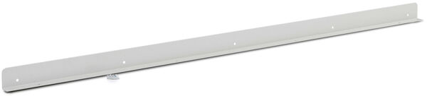 The image shows a long, flat metal strip in light gray color. It has several holes for mounting and a small screw head at one end.