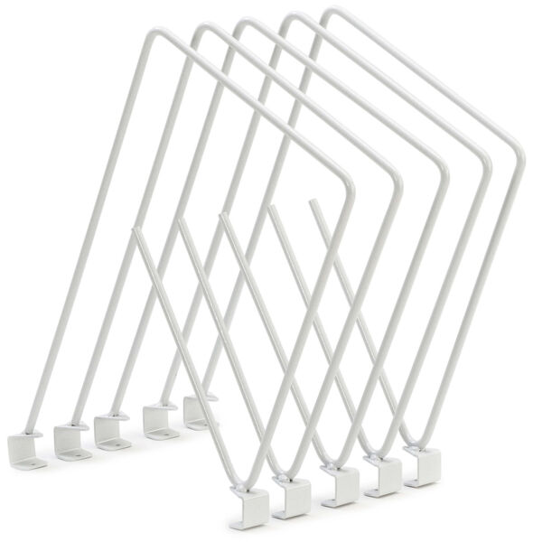 The image shows several white wire frames, arranged at angles to each other. They have square feet at the bottom and are designed to hold objects.