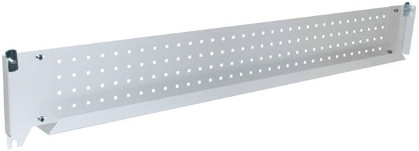 The image shows a long, rectangular, white metal plate with many evenly distributed small holes. Brackets are attached at the ends for mounting.