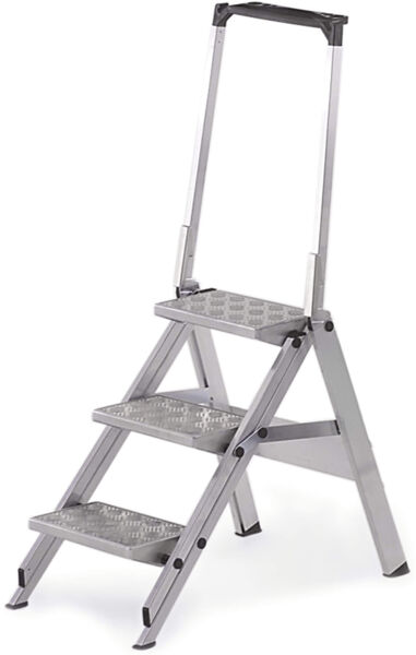 The image shows a foldable metal ladder with three steps. The upper part has a handle and a non-slip surface for safe standing. It is sturdy and practical.