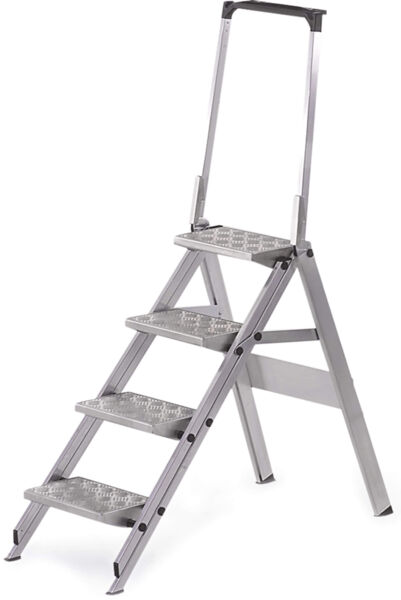 The image shows a white aluminum step ladder with three wide, non-slip steps and a handle on top. It stands stable on the ground and is foldable.