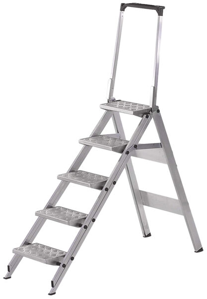 The image displays a five-step aluminum ladder. It features a sturdy construction, top handrail, and non-slip steps for secure footing. The ladder is in silver.