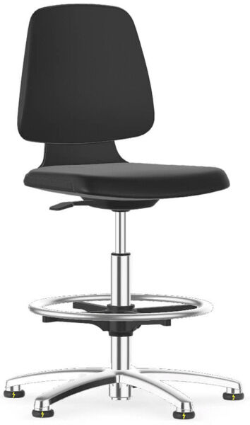 A black office stool with an oval seat and a slightly curved backrest. It features an adjustable foot ring and a silver, five-spoke base with casters.