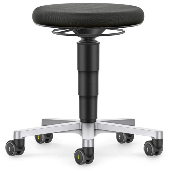 The stool has a round, black seat and a sturdy, black cylinder for support. It stands on a silver base with five casters. The casters feature yellow lightning bolts as decoration.