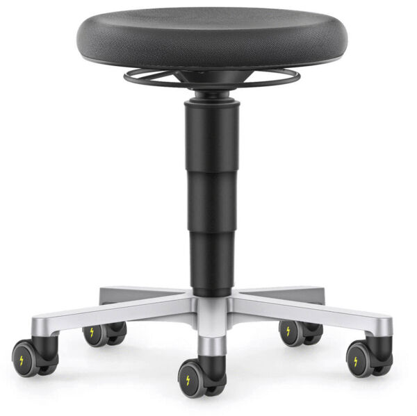 The stool has a round, black seat and an adjustable height. It stands on a stable base with five casters, which provide mobility. The casters have yellow details.