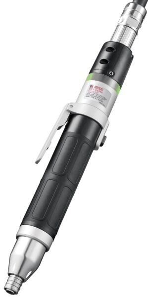 The image shows a narrow, cylindrical screwdriver or tool with a black handle and a silver metal head. It has a green marking and a clip for attachment.