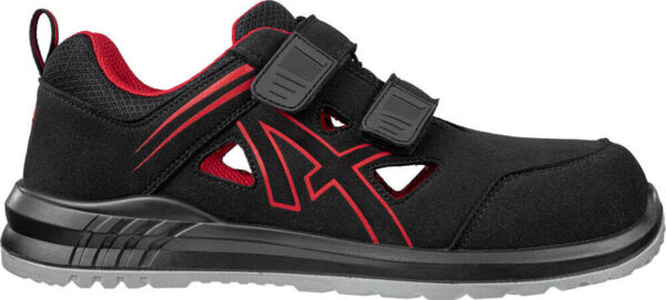 A black safety shoe with red accents. It has a sporty look, a breathable upper, and two practical Velcro fasteners. The sole is stable and slip-resistant.