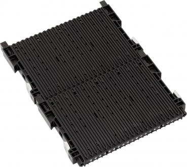 The image shows a rectangular, flat plate made of black plastic. It features a structure with many narrow, parallel grooves and two lateral cutouts.