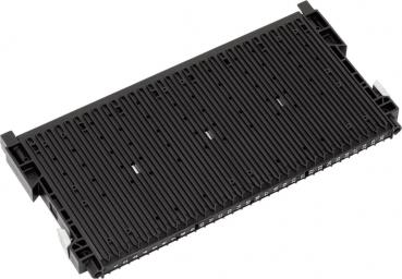 The image shows a black, rectangular component that is flat and elongated. It has several parallel grooves and on the sides there are clips or brackets for mounting.