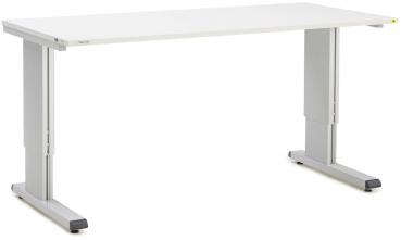 The image shows a simple, rectangular table with a white tabletop. The legs are made of silver-colored metal and are sturdy and straight. The table has a modern, clean shape.