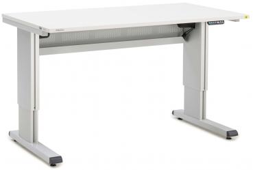 The image depicts a simple, modern desk in light gray. The tabletop is large and flat, the legs are sturdy and slightly tapered. The design appears minimalist and functional.