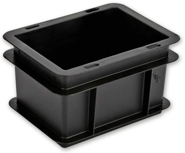 The image displays a rectangular, black plastic container with an open top. It has smooth walls and feet on the sides for stability.