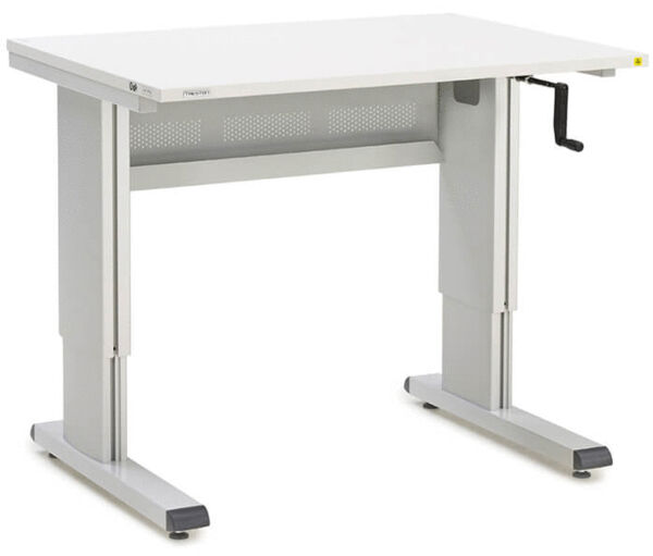 The table has a rectangular, white surface and is mounted on two silver legs with a sturdy frame. On one side, there is a hand crank for height adjustment.