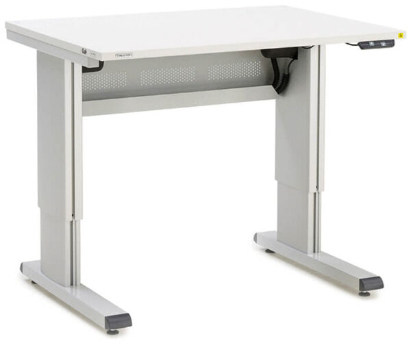 The image shows an adjustable-height desk with a white surface and silver legs. The tabletop is smooth, and there are control buttons on one side for height adjustment.