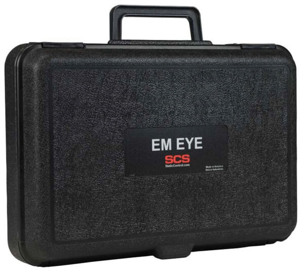 The image shows a black, sturdy suitcase with a textured surface. It has an ergonomic handle and a viewing window with the text "EM EYE" and "SCS".