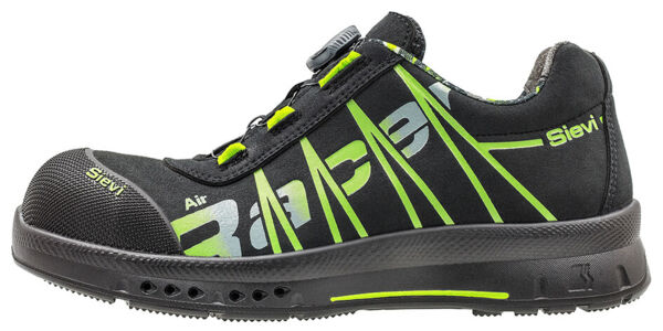 The shoe is designed sportily, in black with bright green accents. It features a reinforced toe cap and a breezy, breathable surface. The laces are replaced by a practical closure.